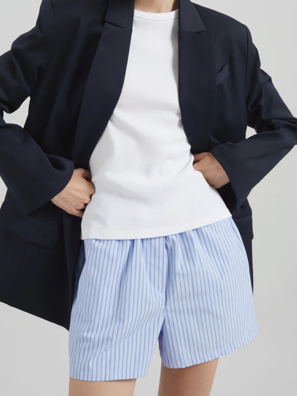 The Frankie Shop Blue & White Striped High-Waist Shorts